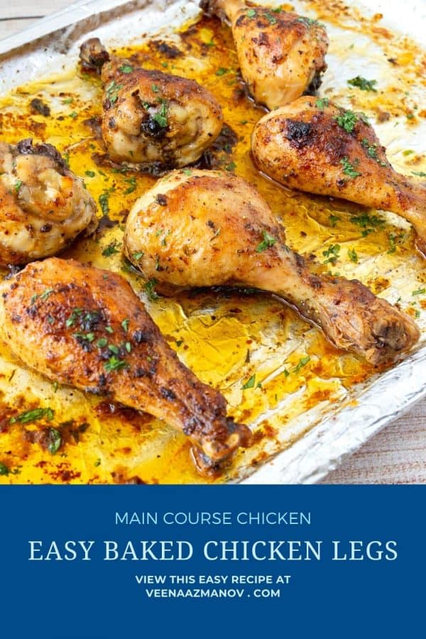 Pinterest image for chicken legs baked in the oven.