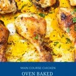 Pinterest image for chicken legs baked in the oven.