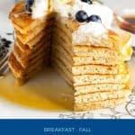 Pinterest image for fluffy eggnog pancakes.