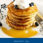 Pinterest image for fluffy eggnog pancakes.