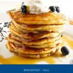 Pinterest image for fluffy eggnog pancakes.