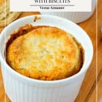 Pinterest image for lamb pot pie with biscuits.
