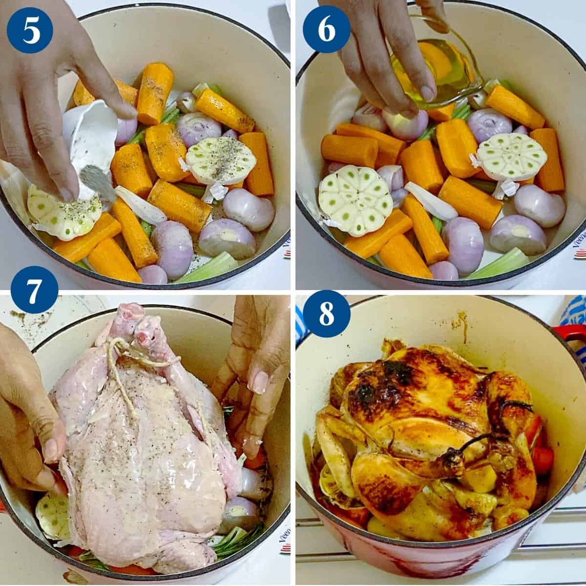 Progress pictures roasting the chicken over veggies in a dutch oven.