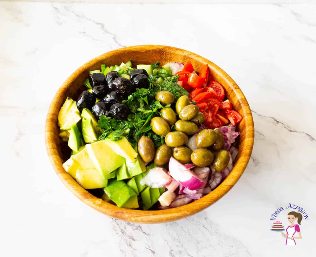 A salad bowl with avocado salad