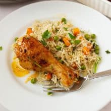 Rice pilaf and chicken drumstick on a plate.