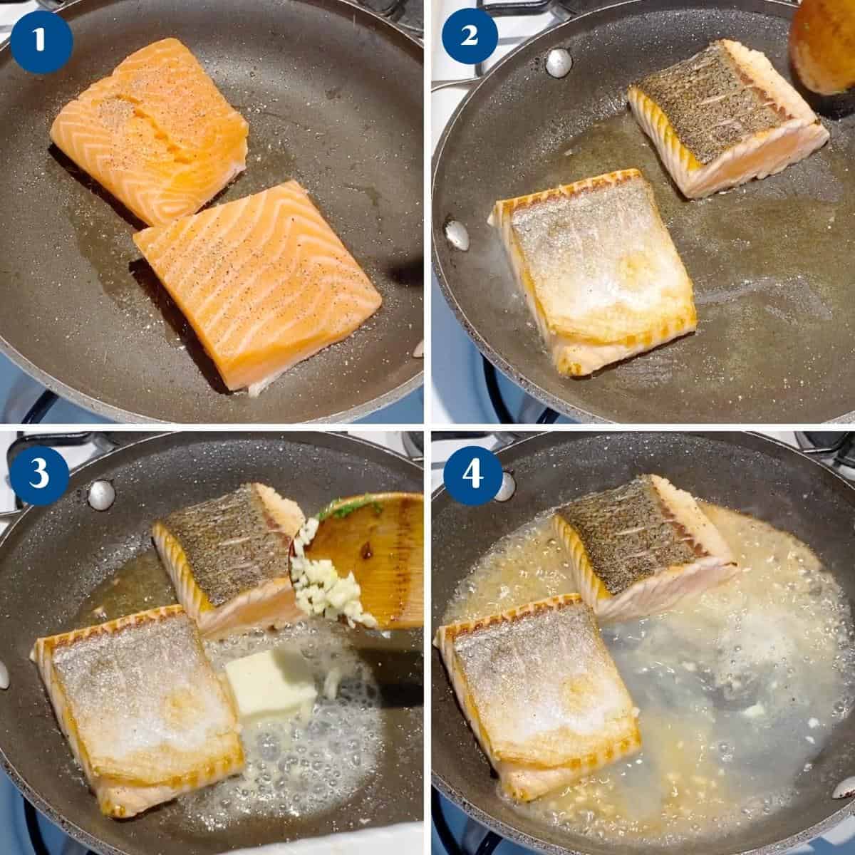 Progress pictures collage for garlic butter salmon.