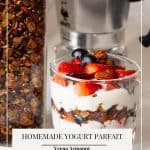 Pinterest image for a parfait made with granola and yogurt.