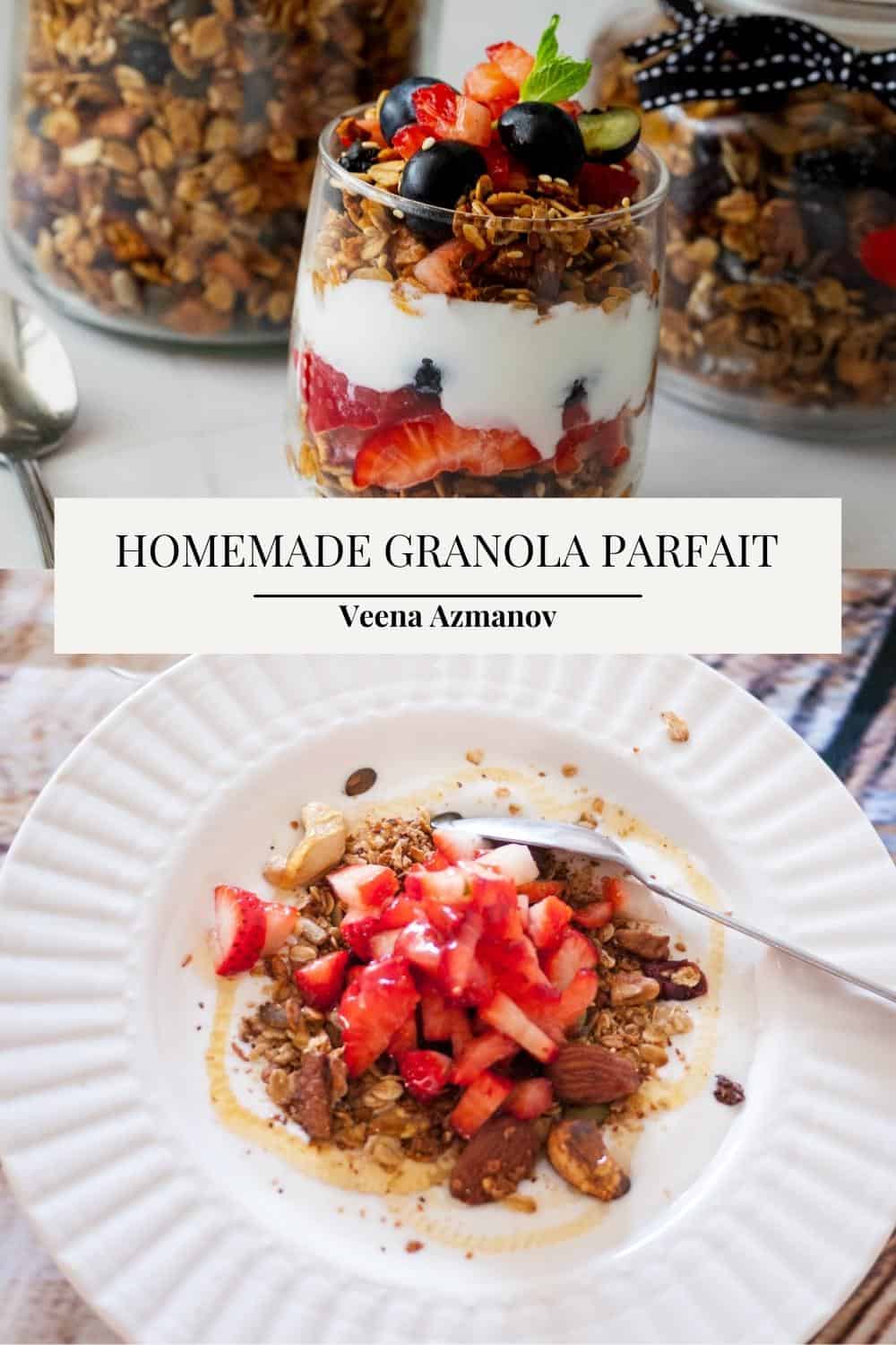 Pinterest image for a parfait made with granola and yogurt.