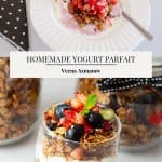 Pinterest image for a parfait made with granola and yogurt.