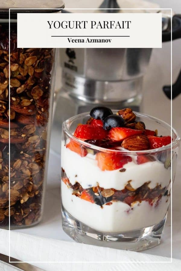 Pinterest image for a parfait made with granola and yogurt.