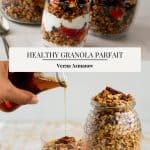 Pinterest image for a parfait made with granola and yogurt.