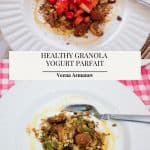 Pinterest image for a parfait made with granola and yogurt.