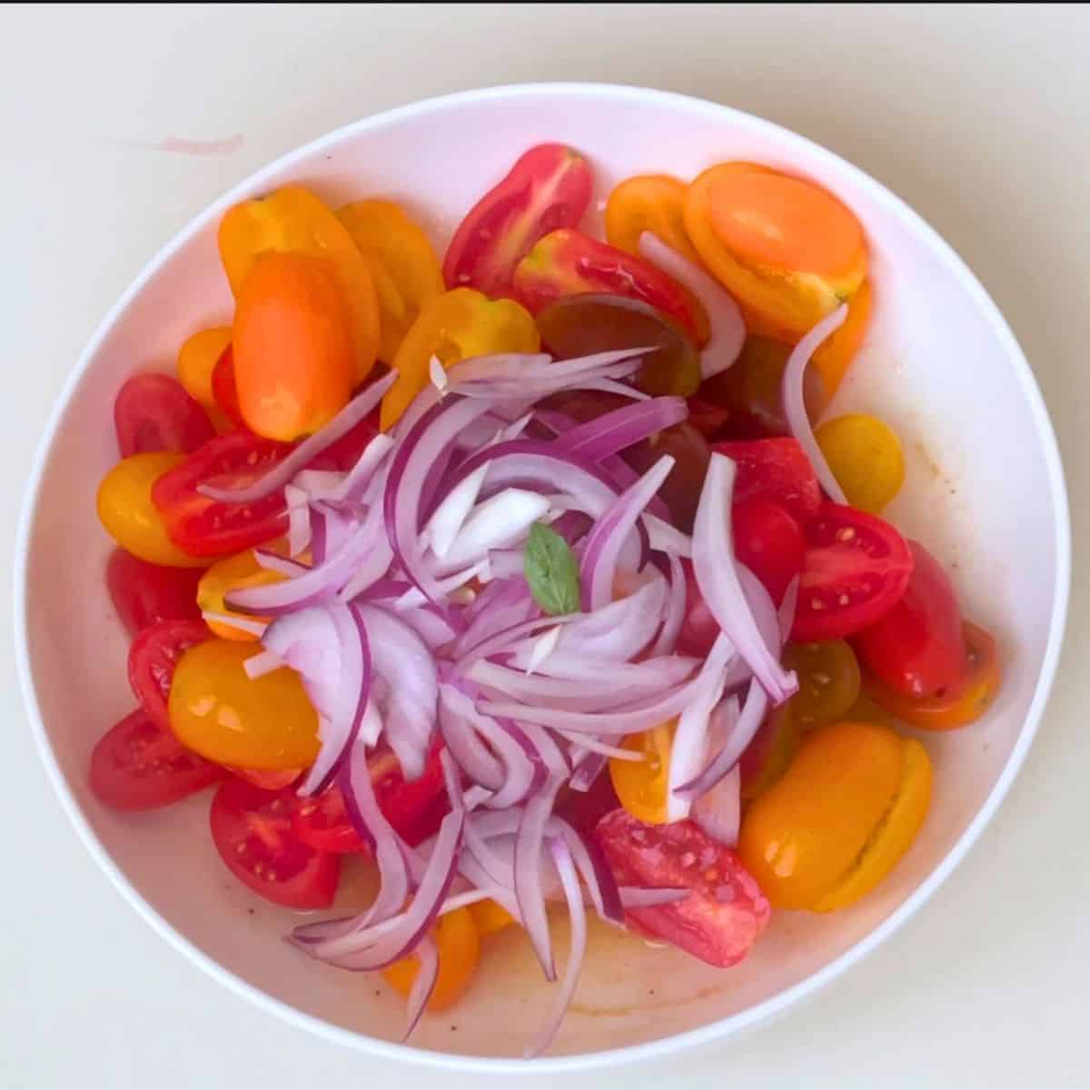 A bowl with cherry tomatoes and red onions.