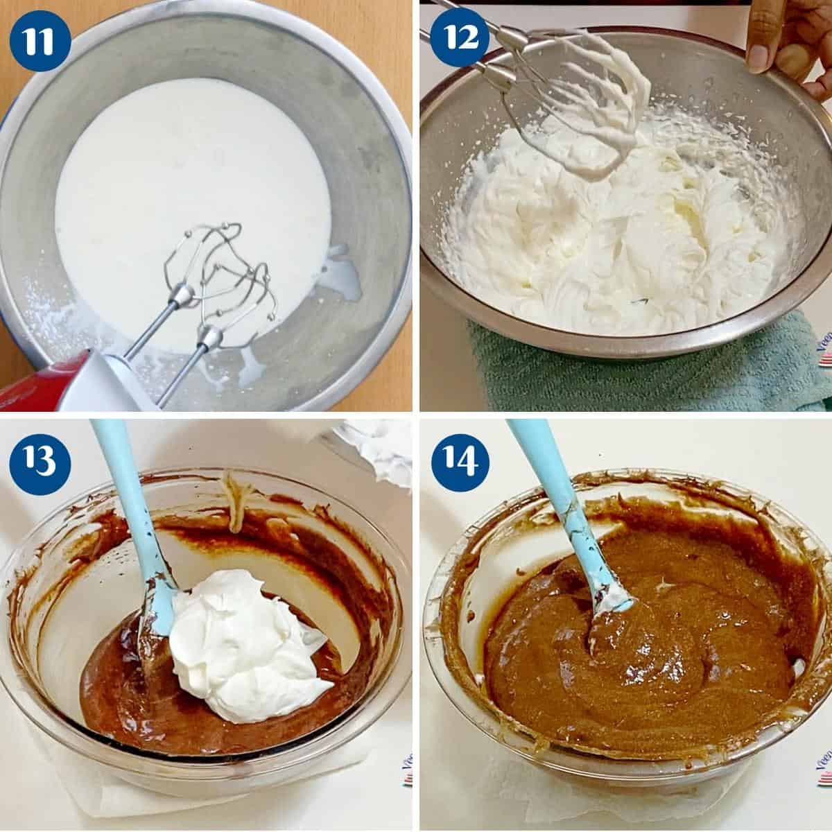 Progress pictures folding the whipped cream into the chocolate mixture.