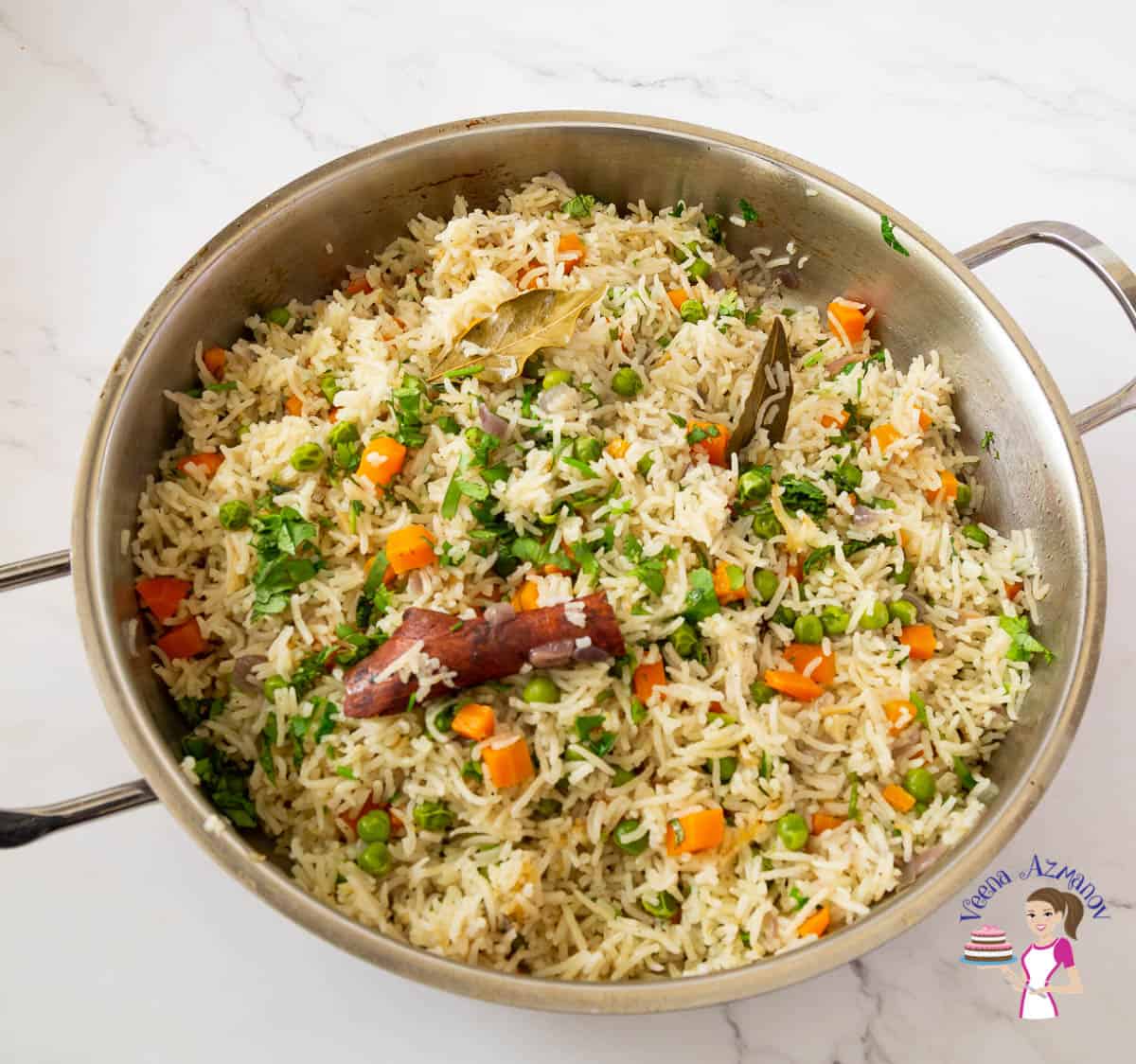 A saute pan with rice pilaf