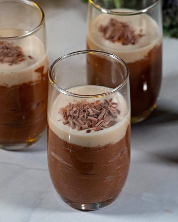 A dessert glass with baileys chocolate mousse.