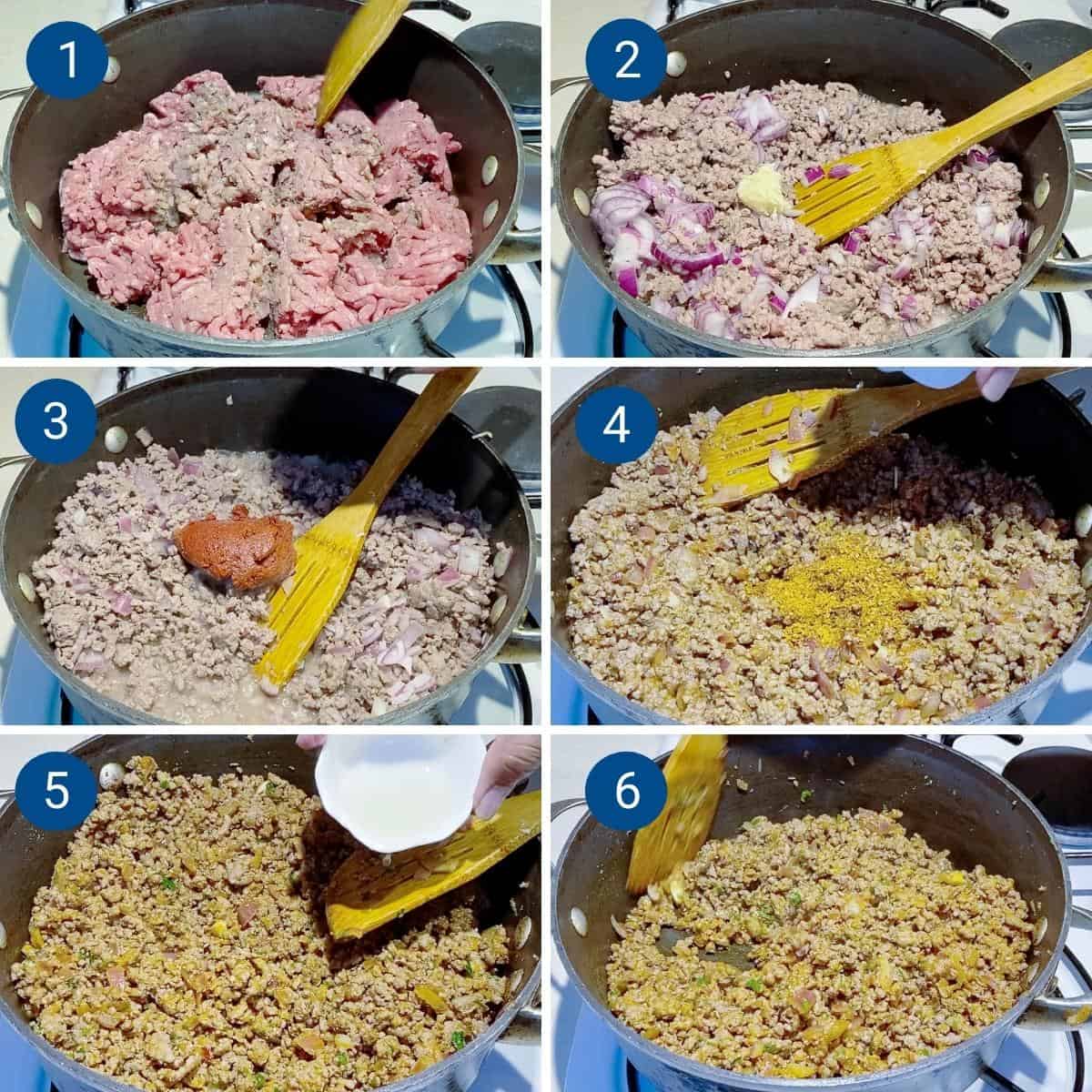Progress pictures collage for ground beef tacos.