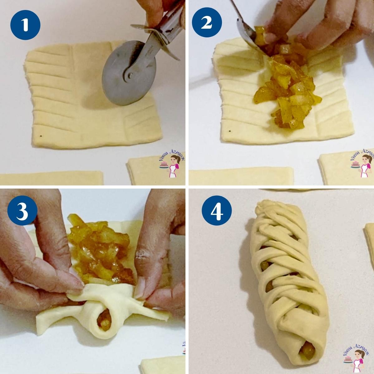 Progress pictures collage shaping the Danish braided pastry.