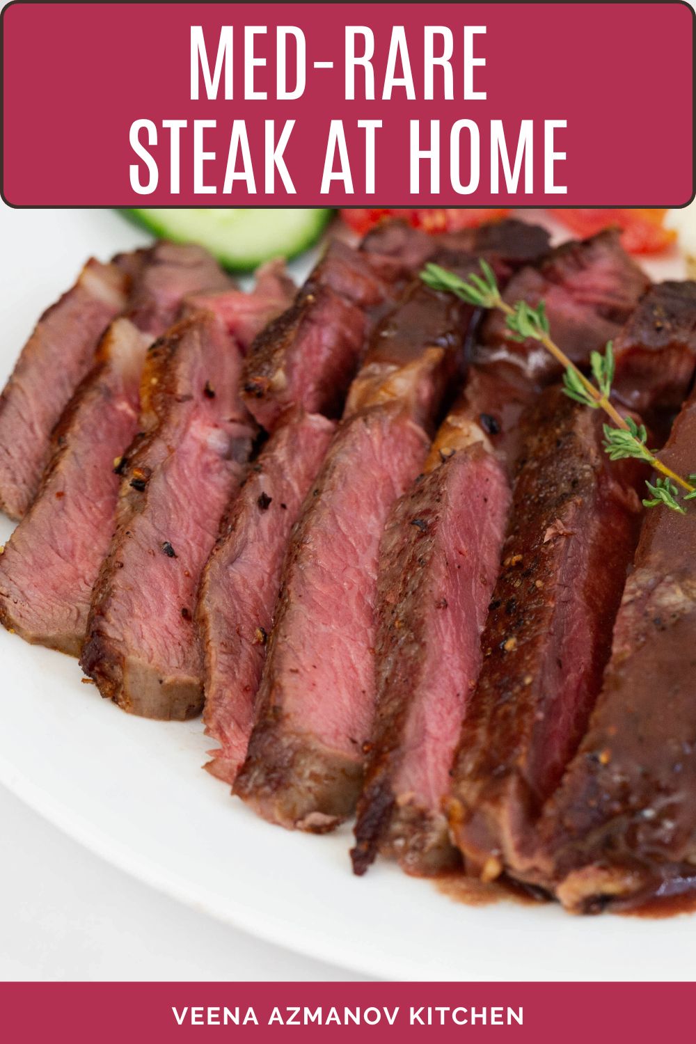 Pinterest image: How to Cook a Medium-Rare Steak on the Stovetop.