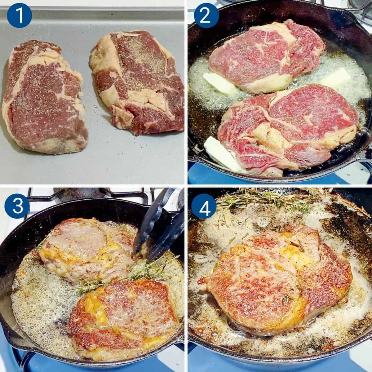 Progress pictures for cooking steak on the stovetop.