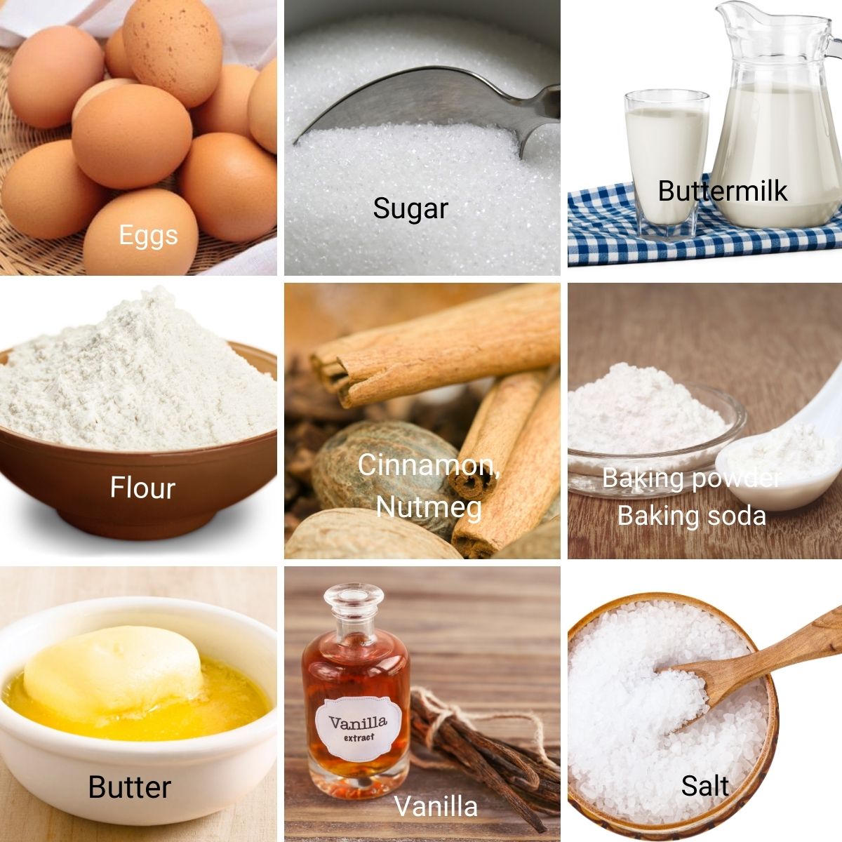 Ingredients collage for pancakes.