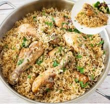 Skillet with chicken and rice.