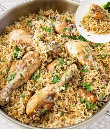 Skillet with chicken and rice.