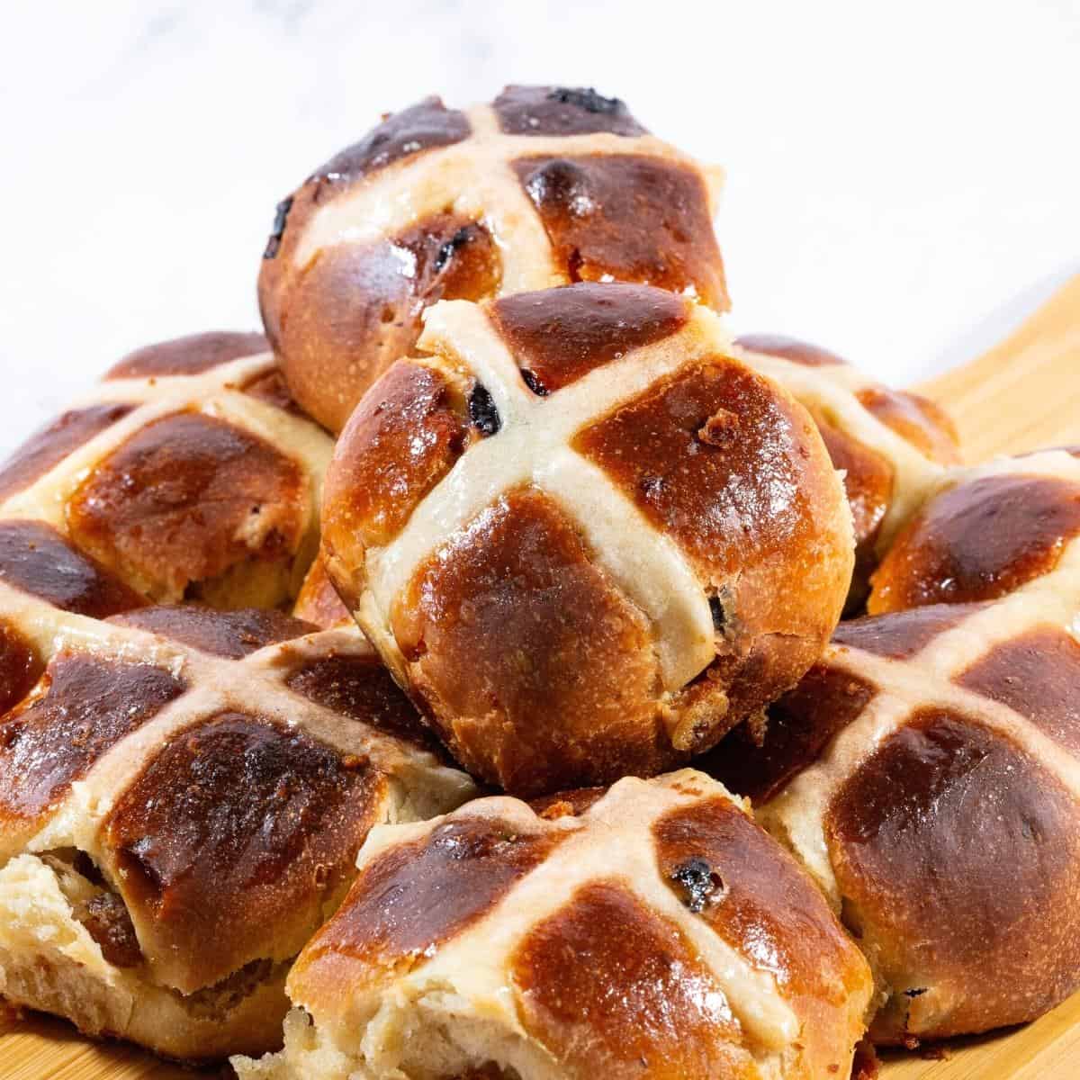 A stack of spiced buns with cross for Good Friday.