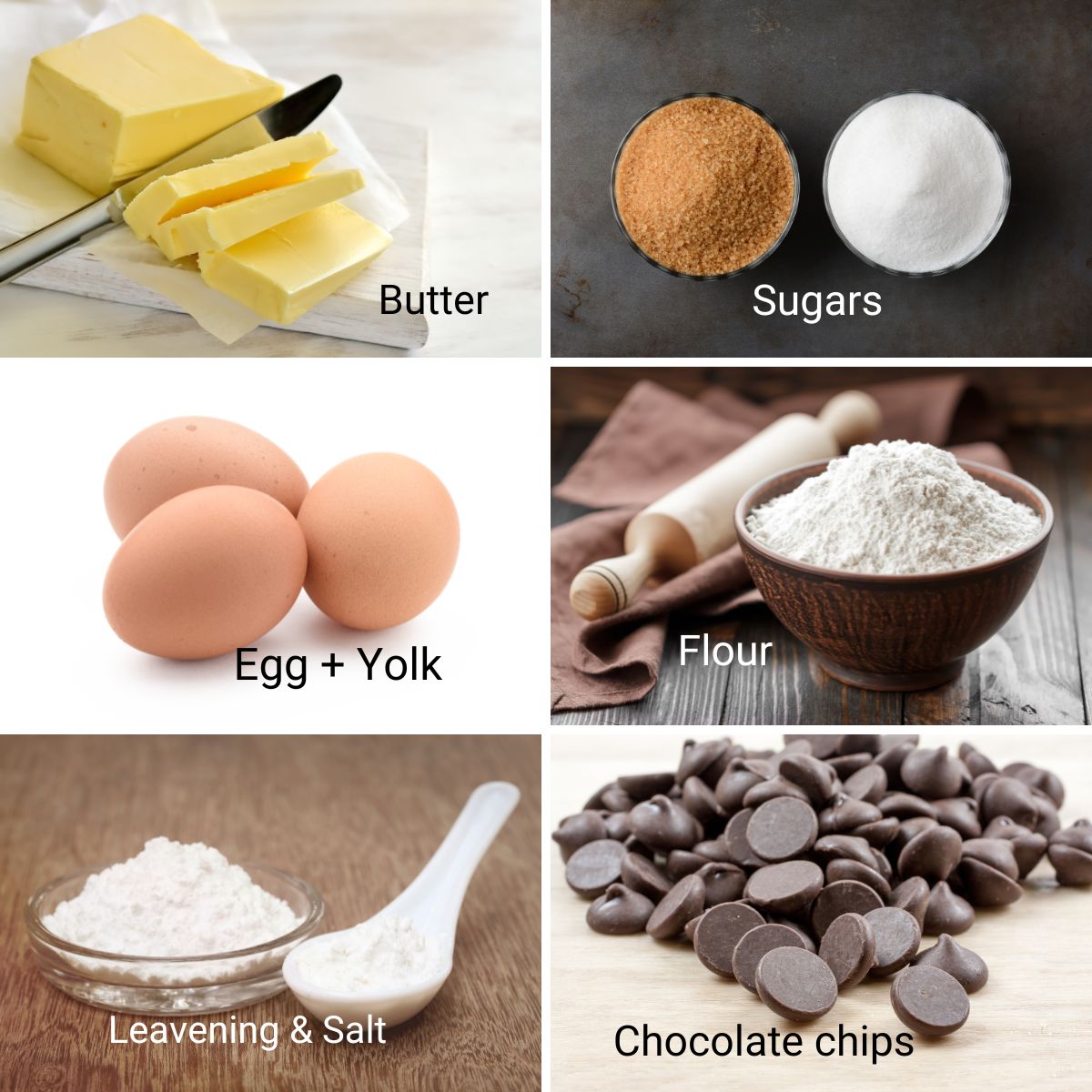 Ingredients for chocolate chip cookies.