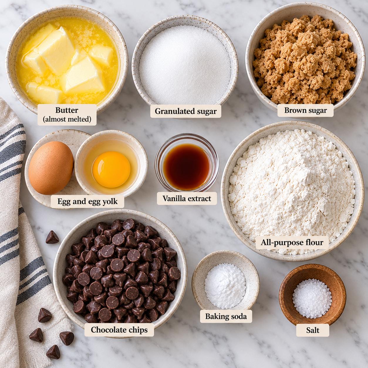 Ingredients for Soft Chewy Chocolate Chip Cookies.