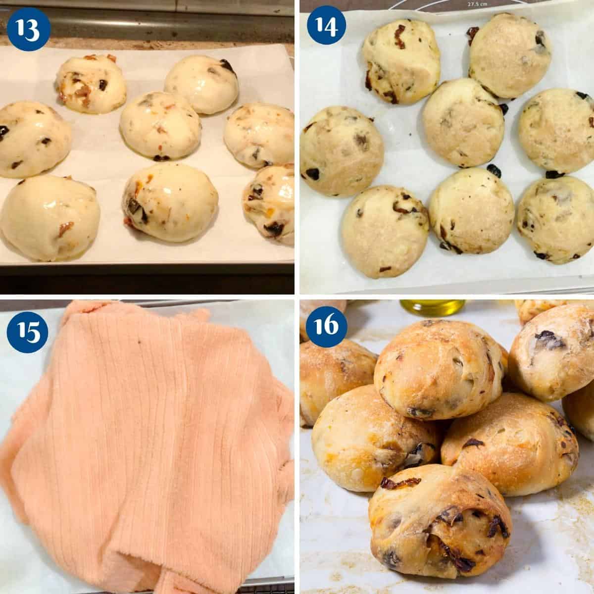 Progress pictures for bread rolls with olive and sun dried tomatoes.