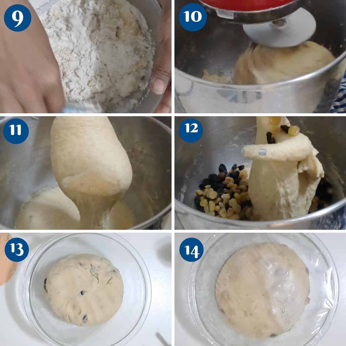 Progress pictures knead the dough for spiced buns.