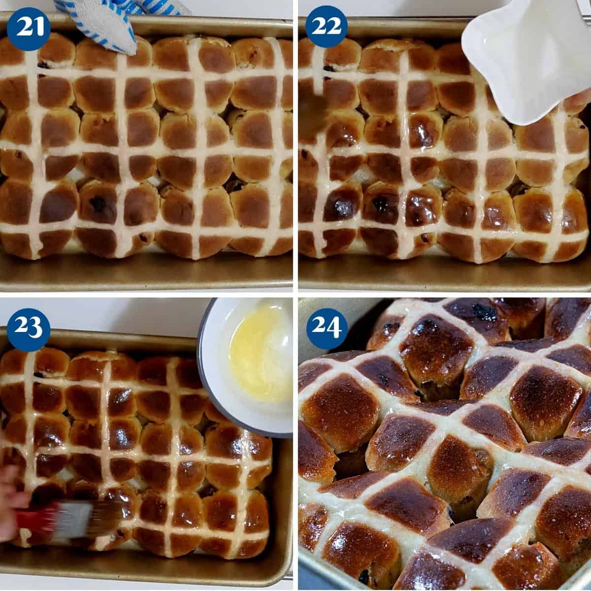Progress pictures glaze the buns with syrup or glaze.