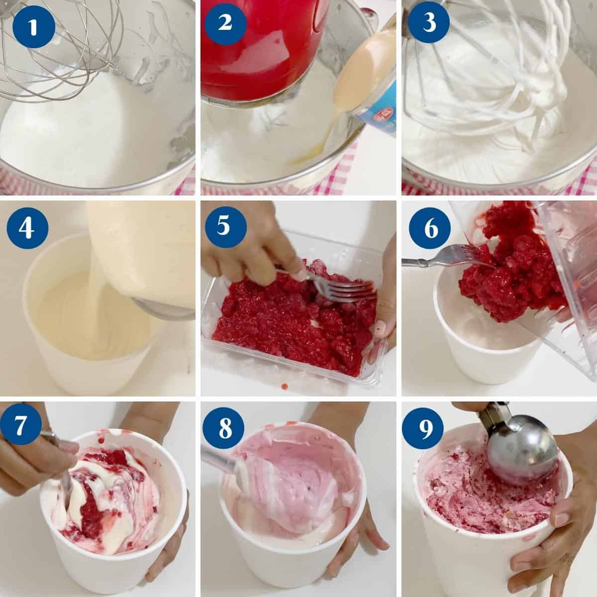 Progress pictures for making raspberry ice cream.