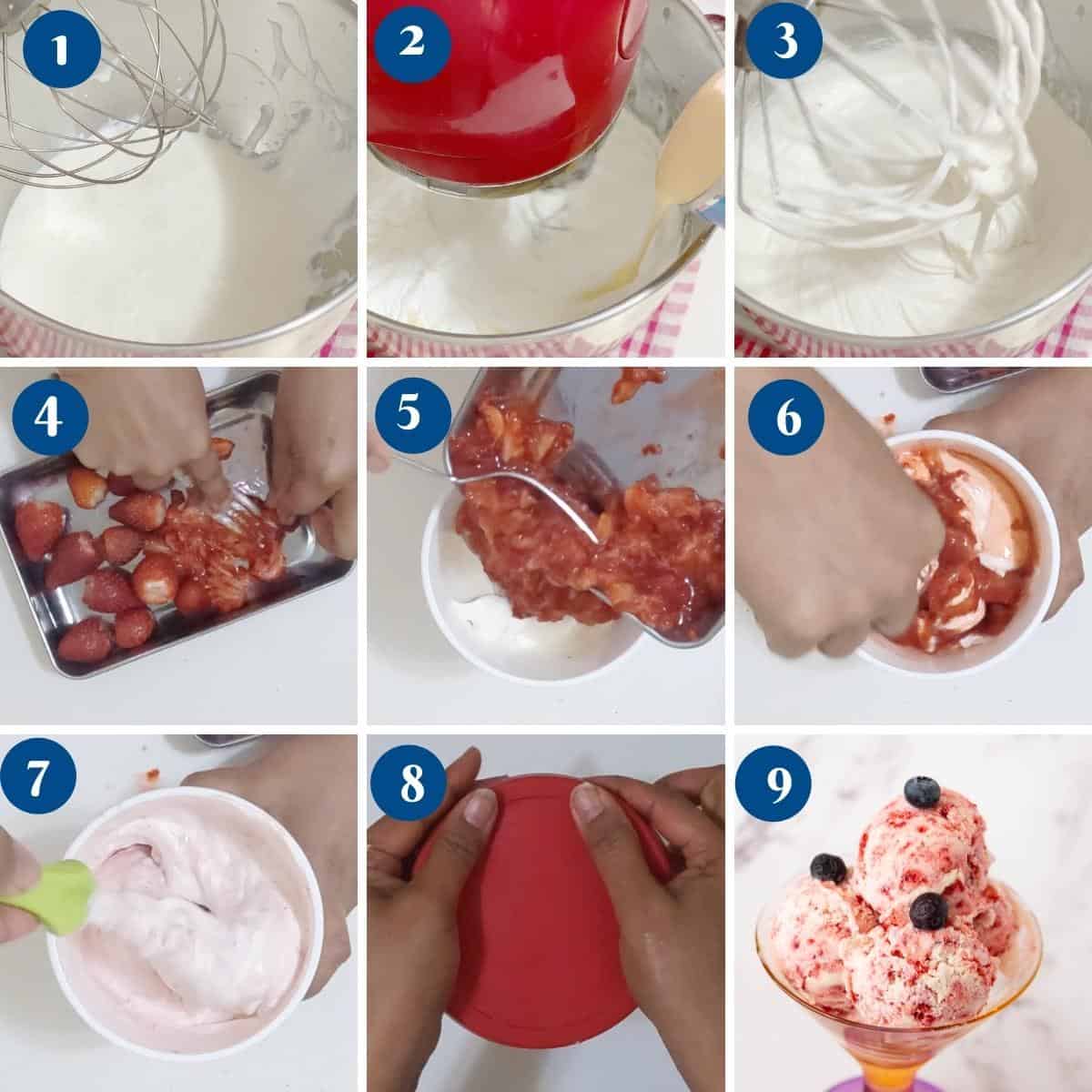 Progress pictures making strawberry no churn ice cream.