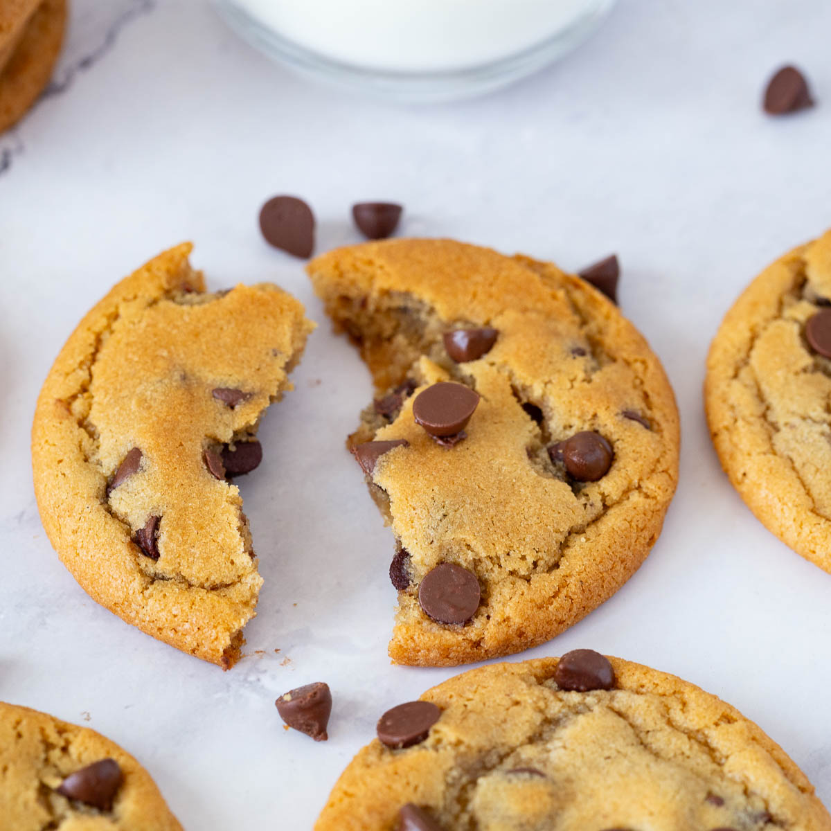 A broken chocolate chip cookies.