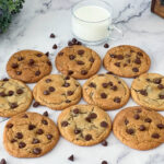 Baked chocolate chip cookies on the table.
