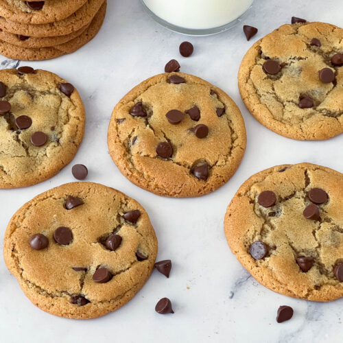 A spread of chocolate chip cookies.