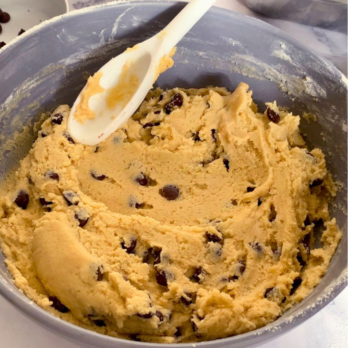 A chocolate Chip Cookie Dough in a bowl.