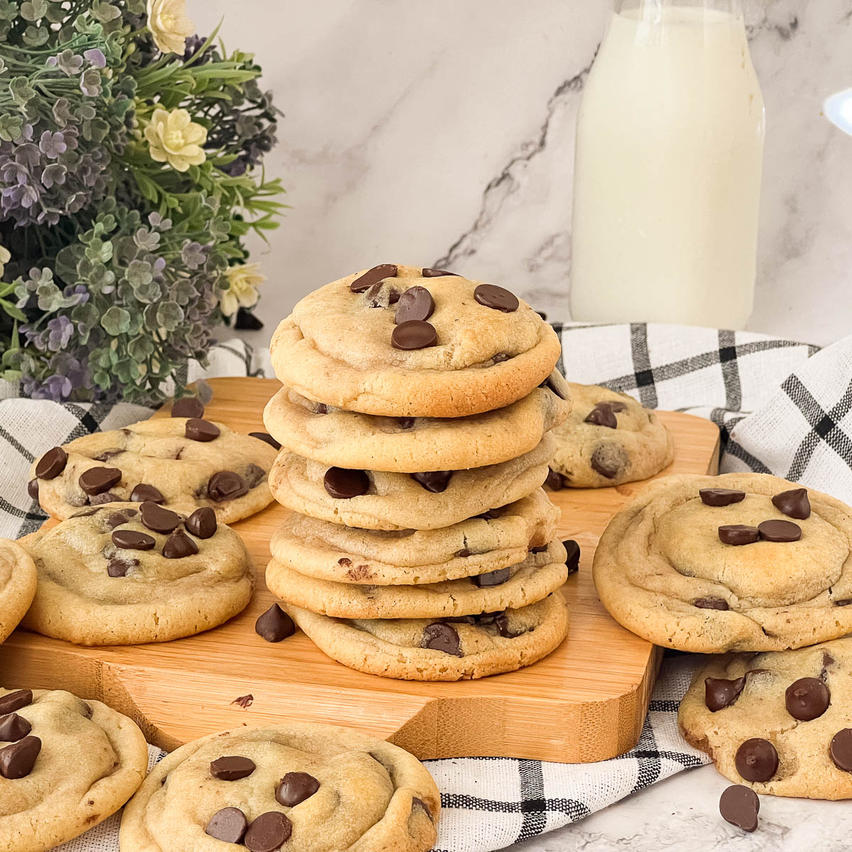 A stack of chocolate chip cookies.