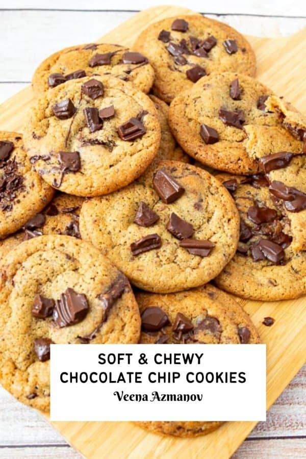 Pinterest image for soft chewy cookies with Chocolate chips.