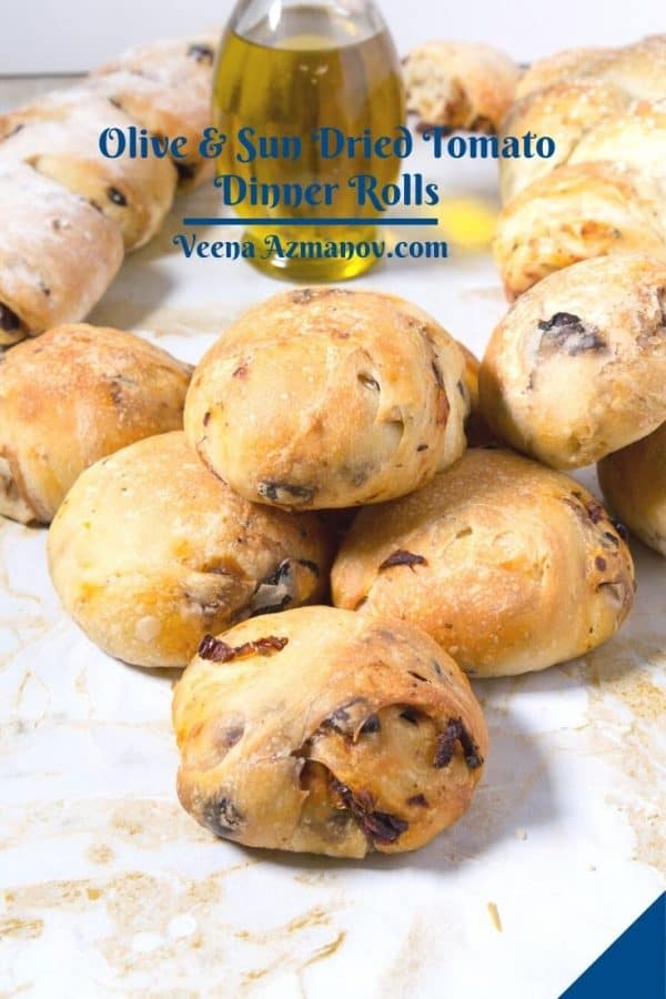 Pinterest image for dinner rolls with sun dried tomatoes.