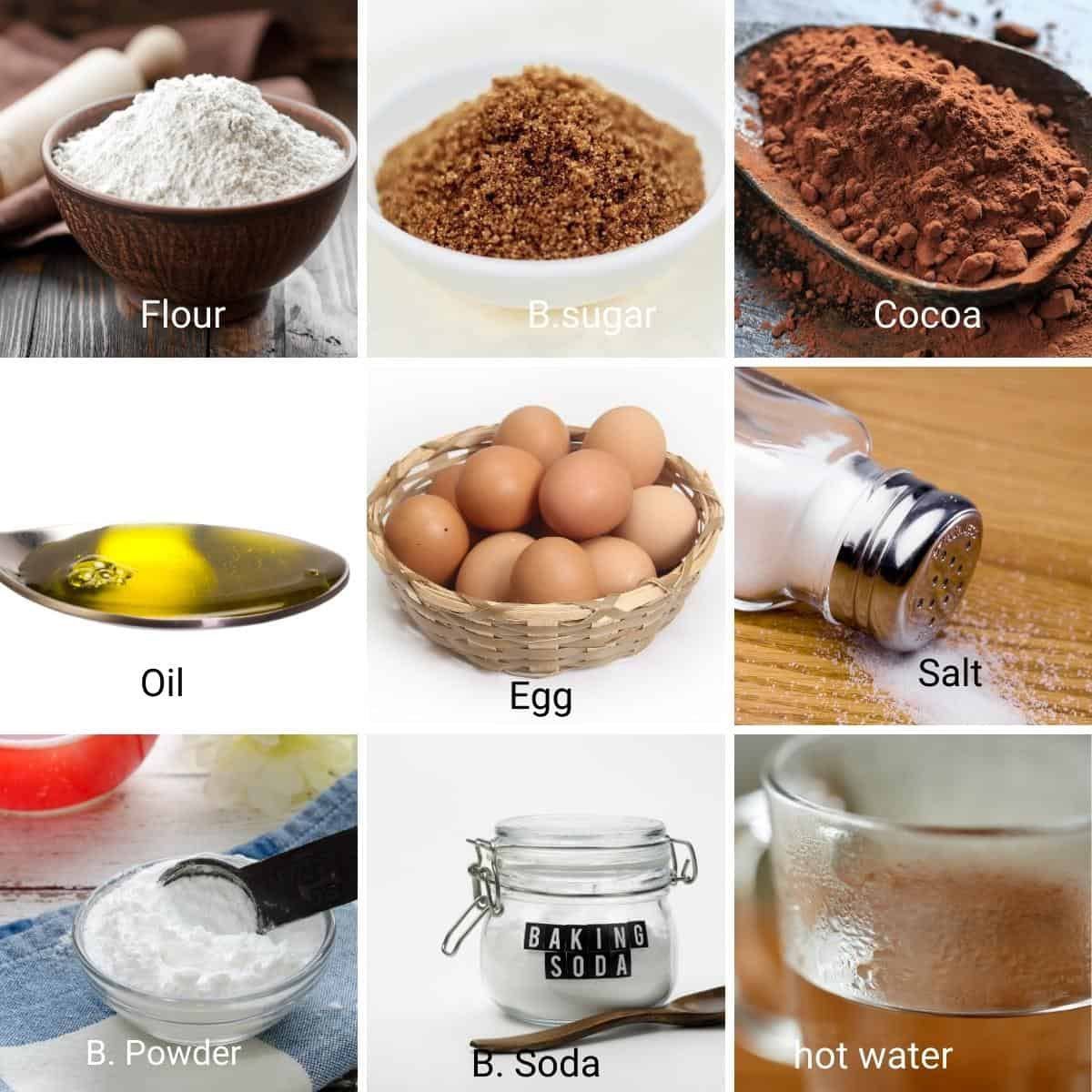 Ingredients shot collage for Chocolate Fudge Cake.