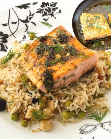 A plate with rice pilaf and salmon.