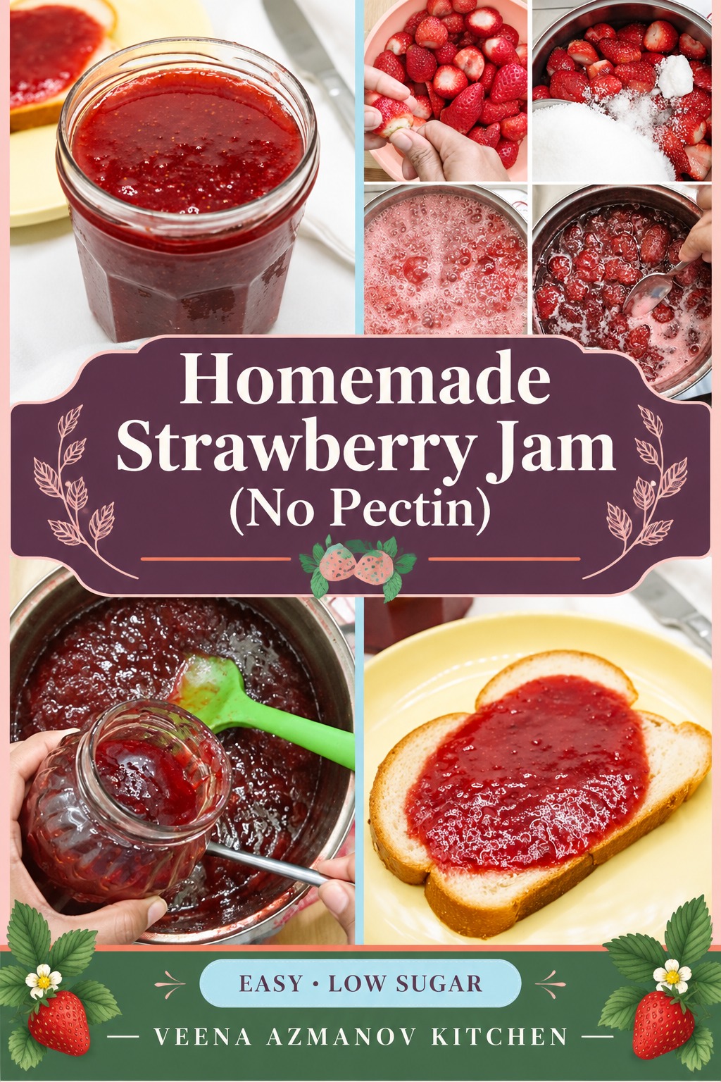 Pinterest image for low-sugar, no-pectin strawberry jam.