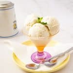 Ice cream scoops in a bowl with spoons.