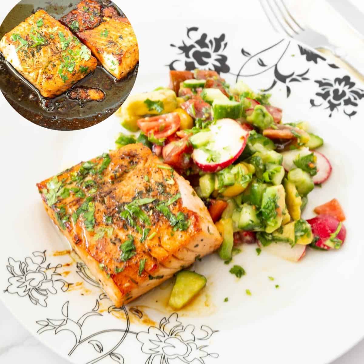 Plate with salad and pan fried salmon in honey garlic.
