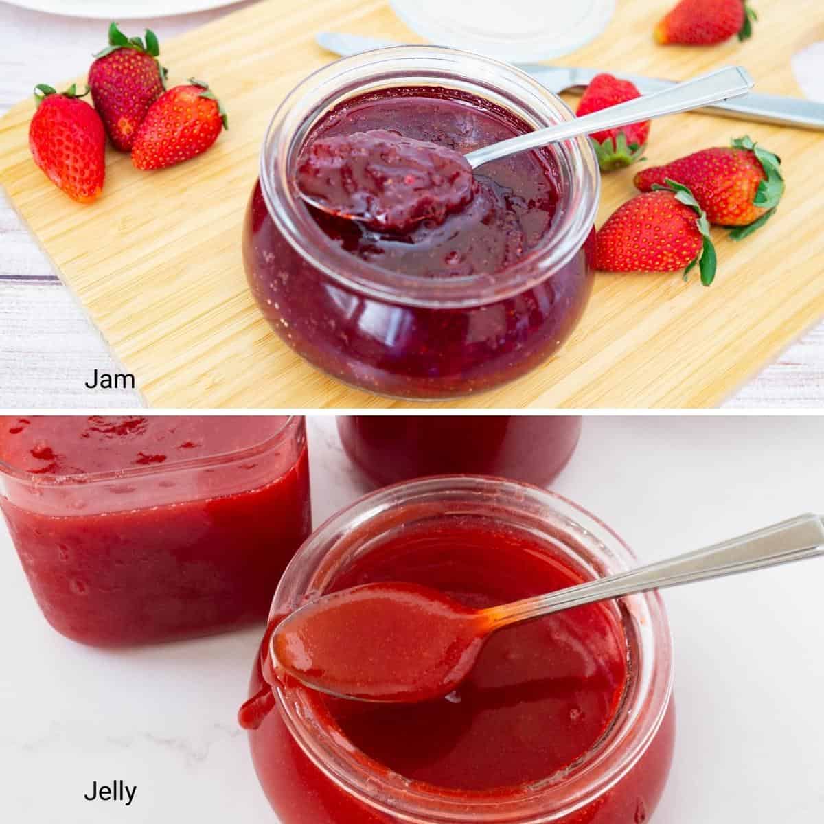 A collage showing the difference between jam and jelly.
