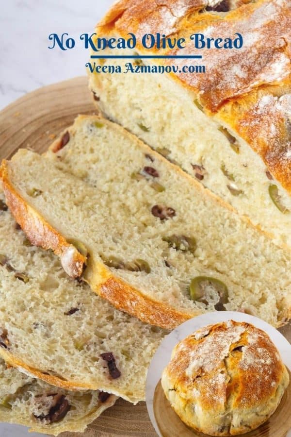 Pinterest image for no-knead olive bread.