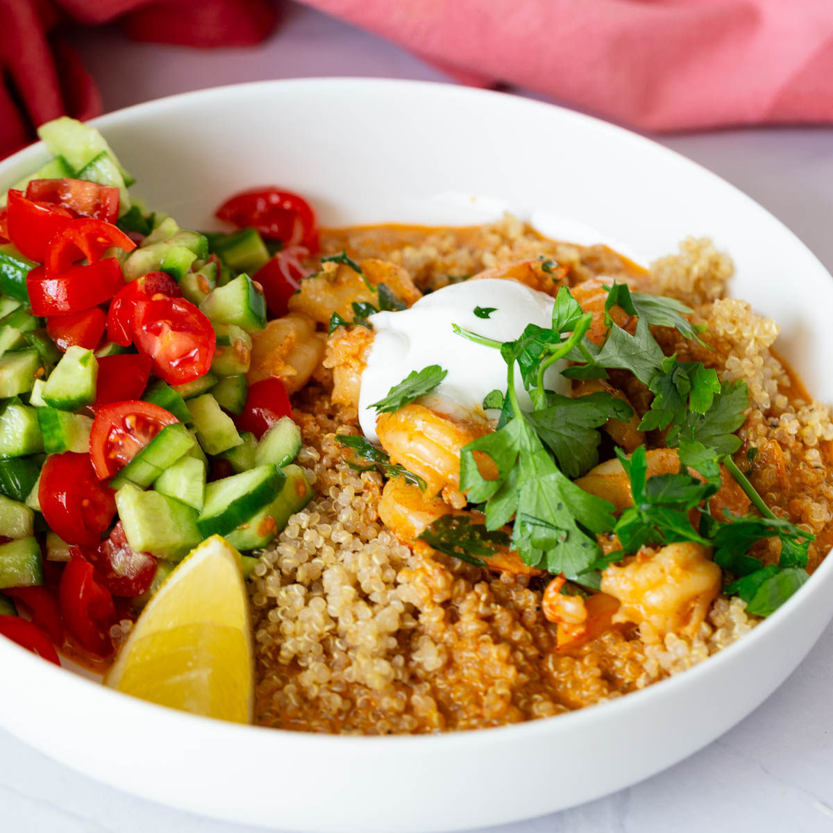 A white plate with shrimp curry and quinoa.